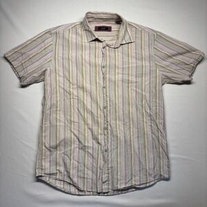 Alfani Mens Striped Short Sleeve Button Down Shirt Tan Pink Size Medium